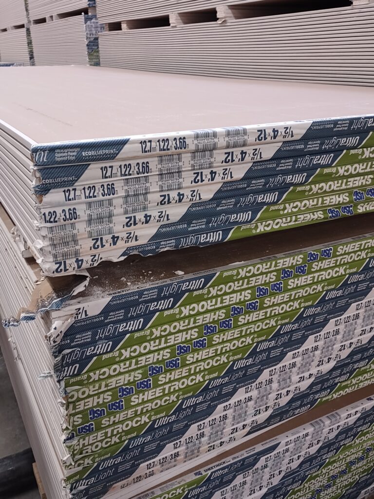 Stack of standard 1/2"x4'x12' drywall 